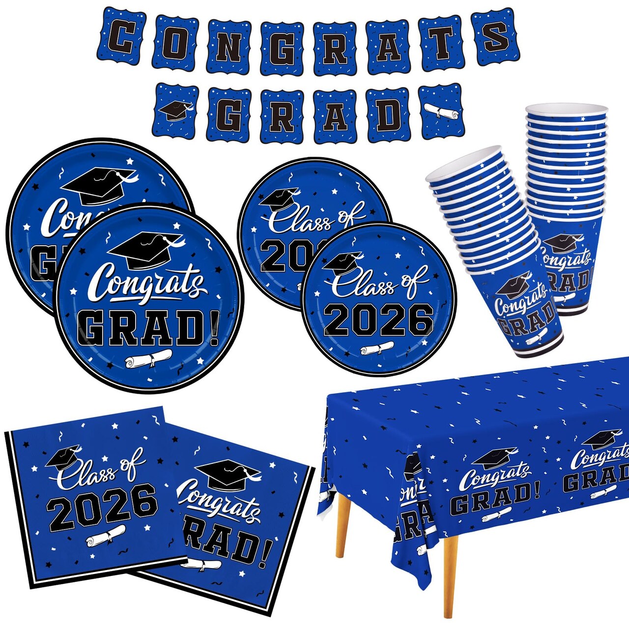 Graduation decorations class of 2026 Gatherfun Congrats Grad Party Dinnerware Set Blue Disposable Paper Plates Napkins Cups Tablecloth Banner for Gatherfun Decorations 2026 deals , Serve 25
